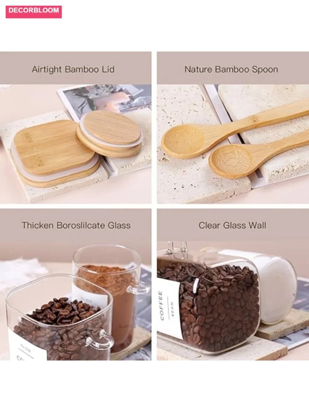 6-Pack Glass Jars with Bamboo Lid and Spoons - 17oz/27oz Airtight Food Storage